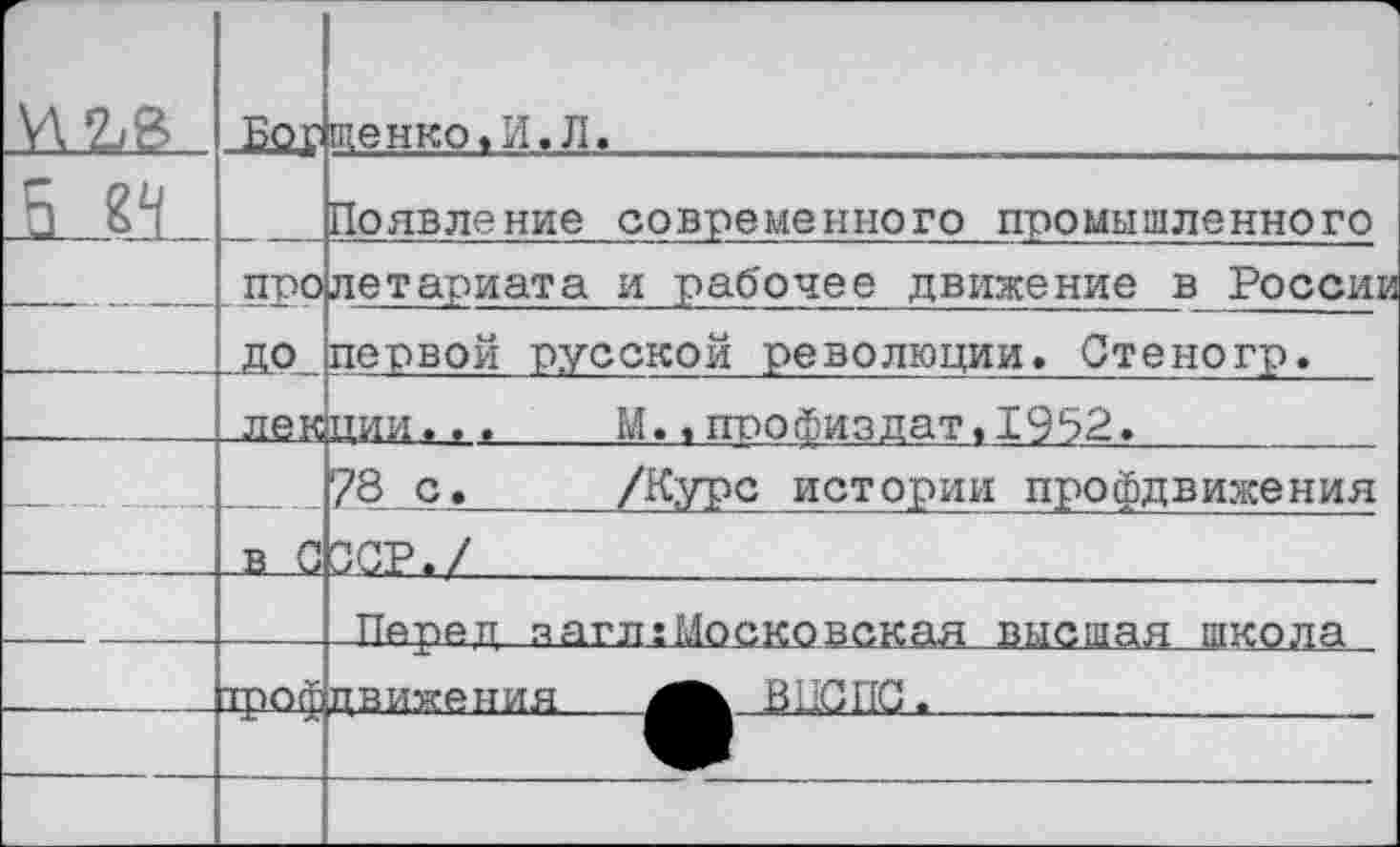 ﻿	про ...ДР„ лек ..в С	шенко.И.Л. Появление современного промышленного летариата и рабочее движение в России первой русской революции. Отеногр. ции..,	М. «про физ дат ,19*72.	 78 с.	/Курс истории профдвижения ЗСР./	
		Перед загл;Московская высшая школа
	той	движения	ВПСПС.	
		
		